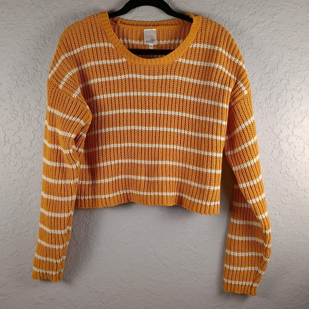 Belle‎ Du Jour Crop Sweater Women's Large Yellow Striped